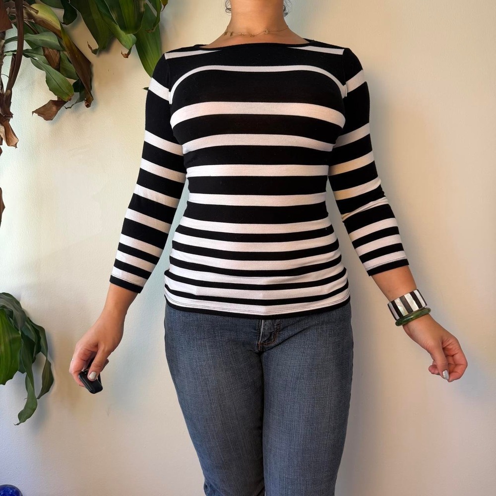 INC International Concepts Black White Striped 3/4 Sleeve Boat Neck Top Medium